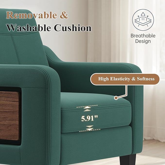 Accent Chair for Living Room, Mid-Century Upholstered Armchair with Foldable Table & 2 Side Pockets, Modern Linen Wooden Sofa Chair for Bedroom & Reading Room, Green