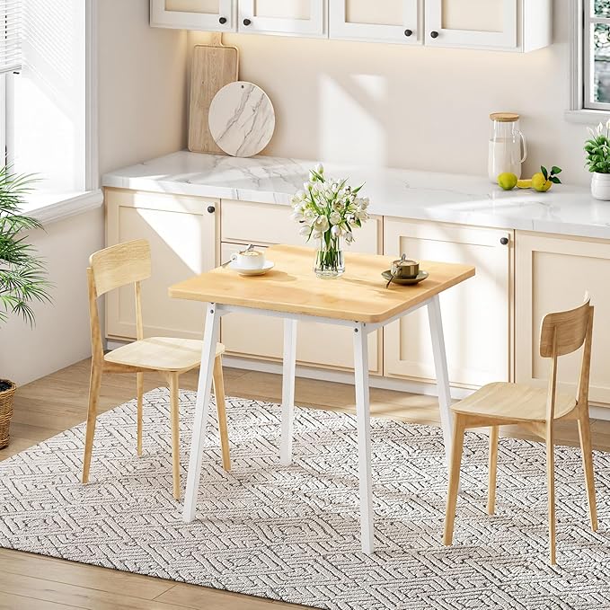 HOOBRO Bamboo Dining Table, Square Dining Table for 2, 27.6" Kitchen Table for Small Space, Writing Table, Easy to Assemble, for Dining Room, Living Room, Office, Kitchen, Natural and White YW70CZ01G1