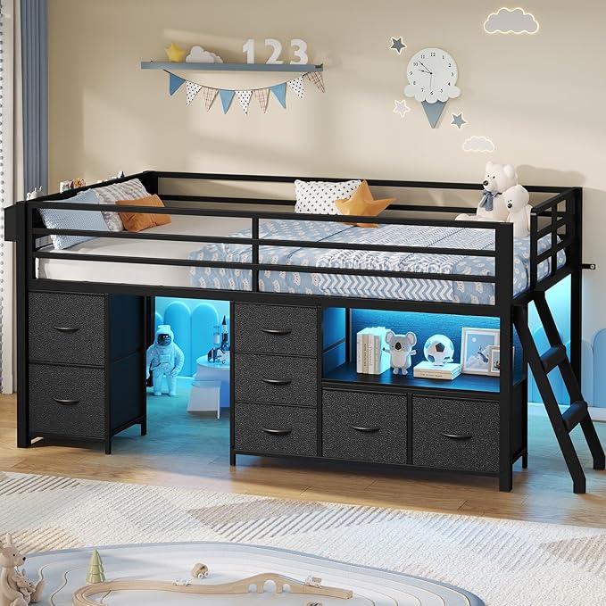 ADORNEVE Low Loft Bed Twin Size with 7 Storage Drawers, Bookcase and LED Lights, Metal Kids Loft Bed with 14" H Safety Guardrail,Inclined Ladder and Play Curtain, Under-Bed Play Space, Black