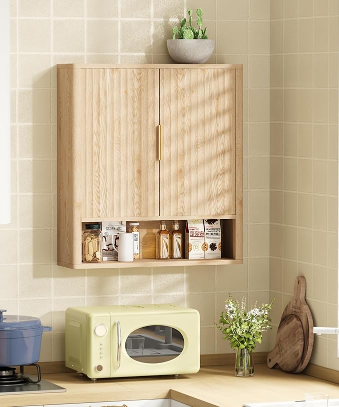 27.6"H Bathroom Wall Storage Cabinet with 2 Fluted Doors, Modern Medicine Cabinet with Adjustable Shelf, Curved Over the Toilet Storage Cabinet for Laundry Room, Kitchen & Living Room, Natural Oak