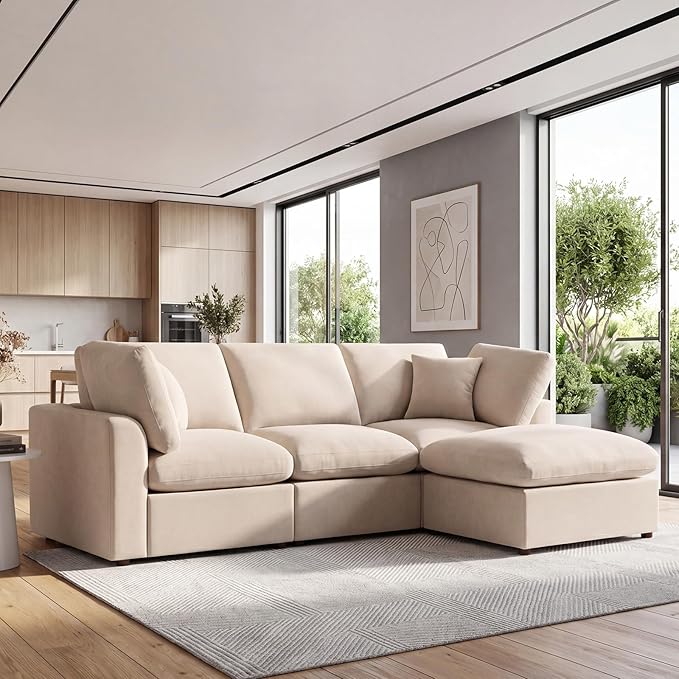 Modular Cloud Sectional Couches for Living Room, Oversized Modular Sectional Sofa with Ottoman, L Shaped 3 Seater Couch with Pillow, Light Camel