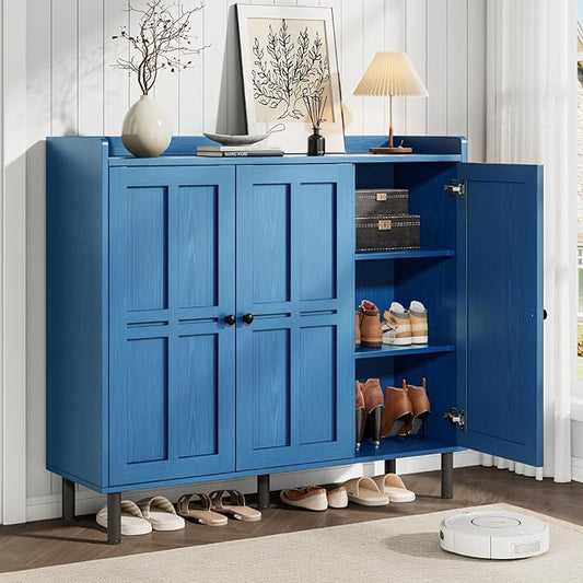 ONBRILL Shoe Cabinet with 3 Doors and Adjustable Shelves, 30 Pairs Shoe Storage Cabinet, 40 Inch Tall Farmhouse Shoe Rack Shoe Organizer Cabinet for Entryway Living Room Closet, Blue