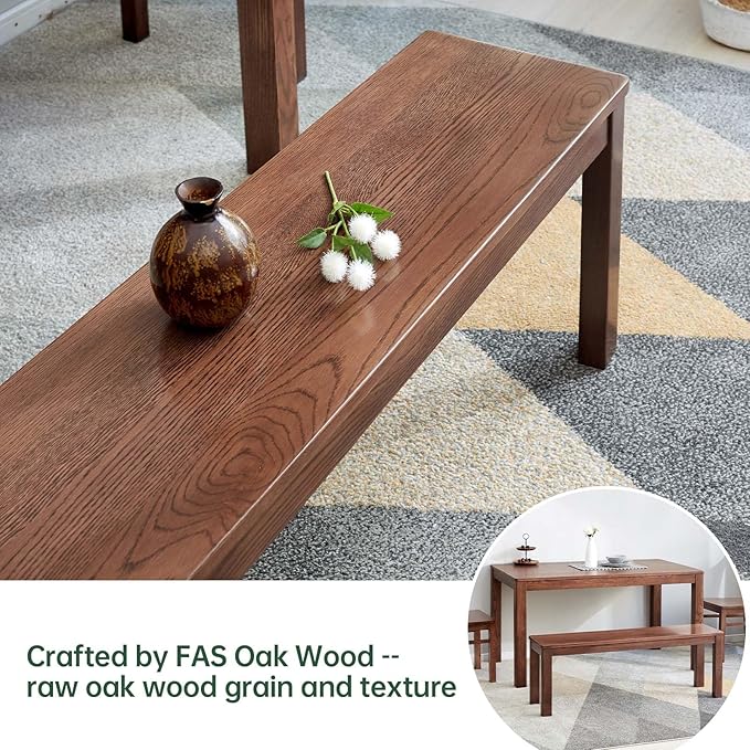 100% Solid Oak Wood Dining Bench, 47.3'' Entryway Bench Extra Chair Seat Long Ottoman with Squre End & Round Corner for Kitchen Living Room Bedroom, Walnut