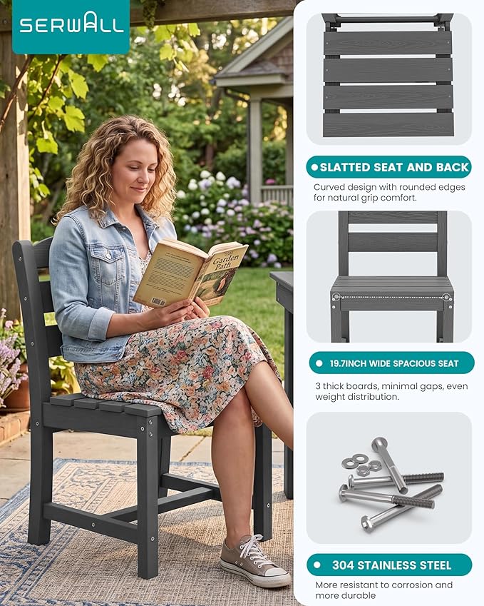 SERWALL Outdoor Dining Table Set, 67‘’ HDPE Patio Dining Set for 4, All-Weather Outdoor Table and Armless Chairs Set for Deck, Grey