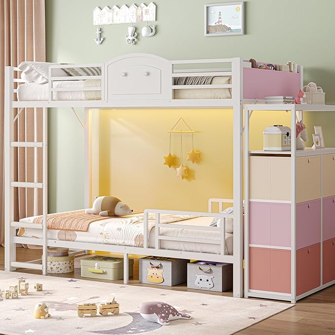 AOGLLATI Bunk Bed Twin Over Twin with 6 Storage Drawers for Kids Teens,Metal Led Loft Bed with Bedside Storage,Safety Guardrails for Small Space, No Box Spring Needed,White