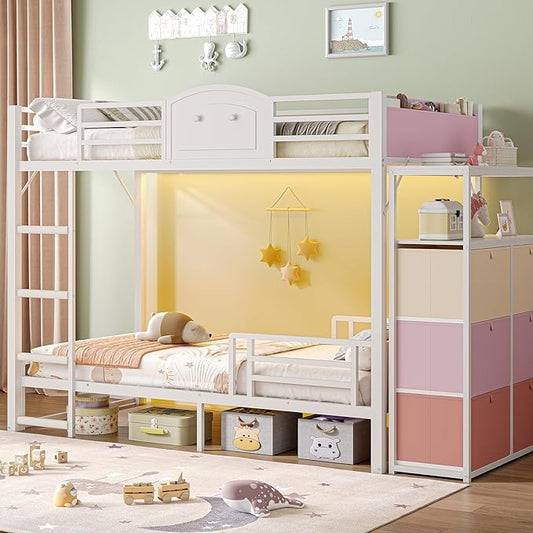 AOGLLATI Bunk Bed Twin Over Twin with 6 Storage Drawers for Kids Teens,Metal Led Loft Bed with Bedside Storage,Safety Guardrails for Small Space, No Box Spring Needed,White