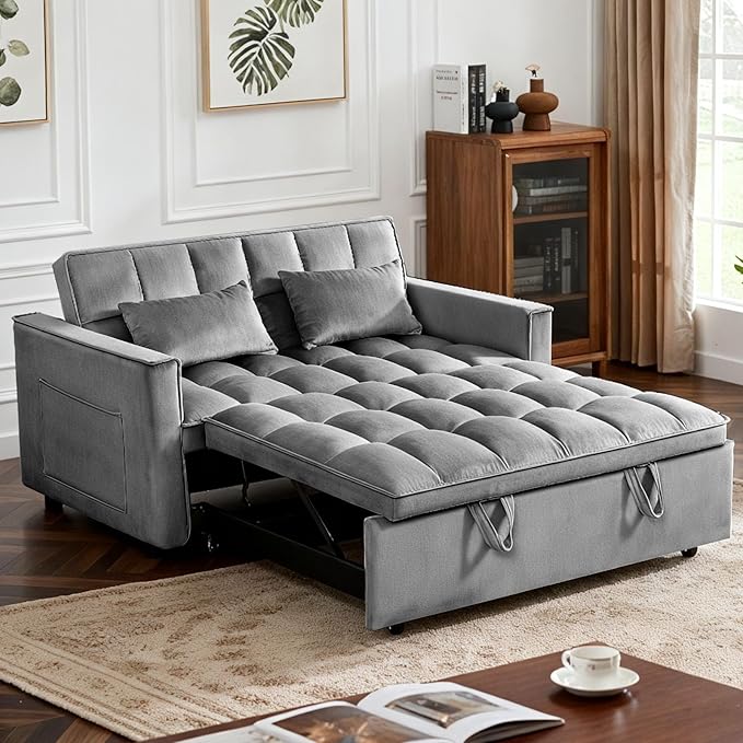 3 in 1 Convertible Sleeper Sofa Bed, Velvet Fabric Loveseat Sofa Bed with Adjustable Backrest & Large Side Pockets, Pull Out Couch for Small Spaces, Apartment, Living Room, Dark Gray