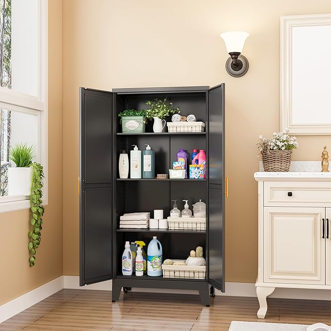GAIOUS Metal Storage Cabinet With 2 Doors and 3 Adjustable Shelves, Black Kitchen Pantry for Food, Utility Cabinet for Laundry Room, Cupboard