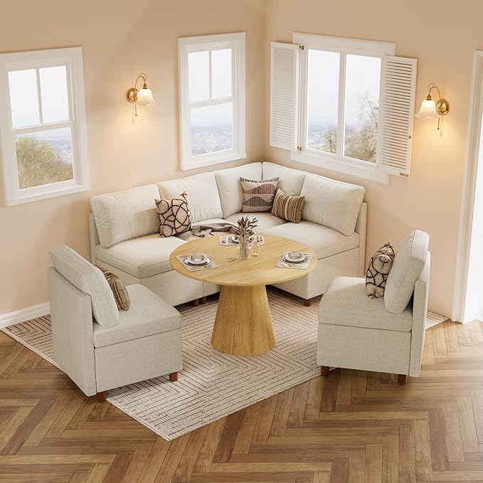SITJOY Breakfast Nook Bench with Storage, Modular Corner Kitchen Banquette Seating, Dining Settee Couch, Upholstered Dining Bench with Back, Soft-to-Touch Fabric in Beige, 4-Seat L Shaped Nook