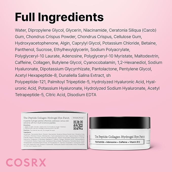 COSRX Pink Peptides Collagen Hydrogel Eye Patch for Puffy Eyes, Dark Circles & Fine Lines, Cooling Under Eye Patches (60), Korean Skin Care