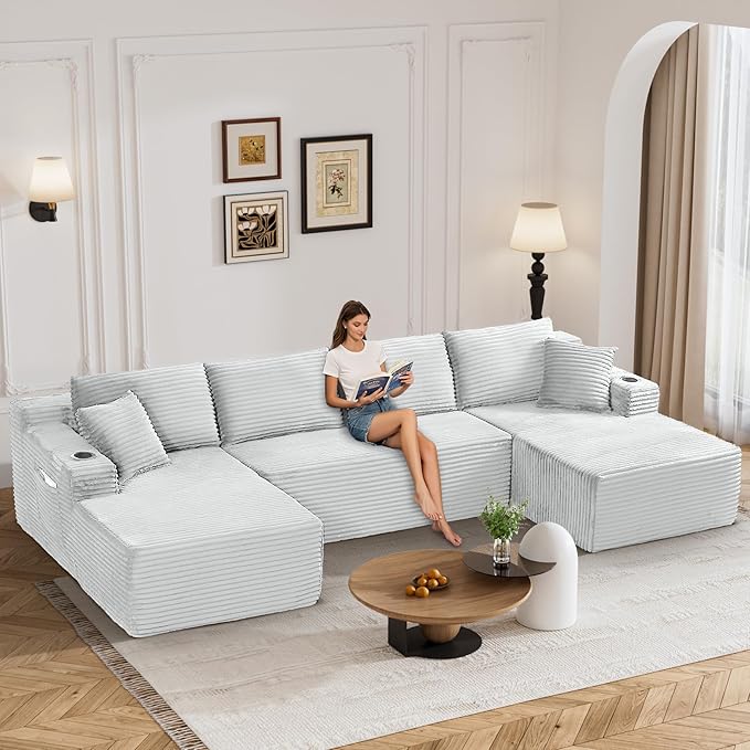 133" Oversized Cloud Boneless Sofa Couch with Chaise, Modern Corduroy Modular Sectional Sofa with Deep Seat, Comfy Couch with cupholders and Storage, No Assembly Required-Light Grey