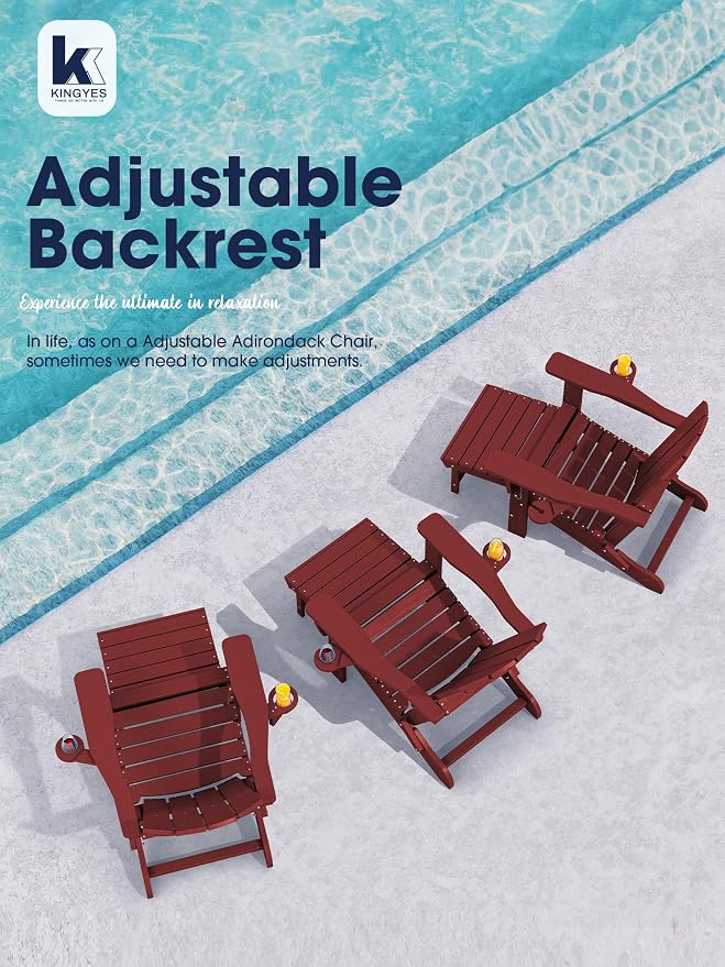 KINGYES Folding Adjustable Adirondack Chair with Ottoman & 2 Cup Holders Set of 4, HDPE Adirondack Recliner Chair with Footrest, Red
