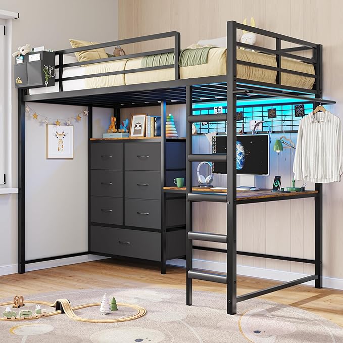 DICTAC Twin Loft Bed with L-Shaped Desk and 7 Storage Drawers,Metal Twin Size Loft Bed for Kids with LED Lights and Charging Station,13.11" H Safety Guardrail and Ladder,No Box Spring Needed, Black