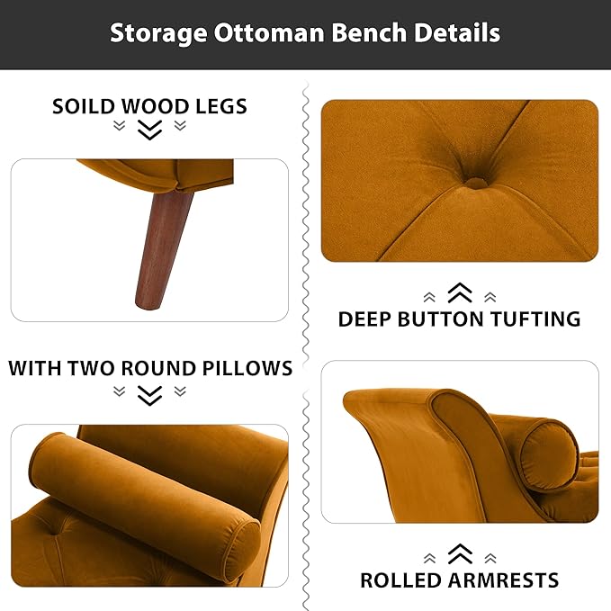 Storage Bench for Bedroom End of Bed, Velvet Upholstered Rolled Armed Button Tufted Sofa Stool Bench, Storage Ottoman Couch Long Bench with Solid Wood Legs (Brown)