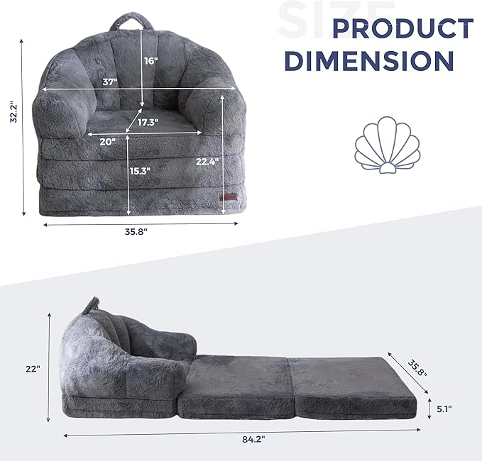 MAXYOYO Folding Sofa Bed, 2 in 1 Convertible Sofa to Lounger Comfy Single Bean Bag Chair for Adults, Floor Sleeper Couch with Handle, Faux Fur Couch Bed for Living Room Bedroom, Grey
