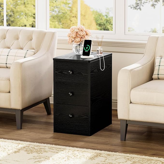 LIKIMIO Nightstand with Charging Station, Narrow Bedside Table with 3 Drawers, End Table with USB Ports and Outlets, Side Table for Living Room/Bedroom Modern