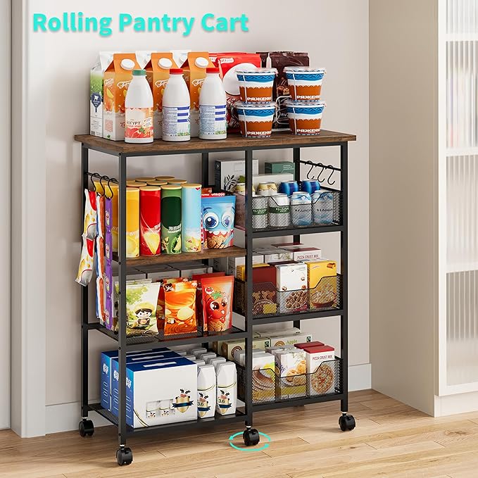 HapiRm Rolling Kitchen Carts with Storage - Microwave Table Stand with 6 Hooks & 3 Baskets, kitchen Island Cart on Lockable Wheels, 28.3" L × 14.6" W Bakers Rack Cart for Dining Room Coffee Bar Office