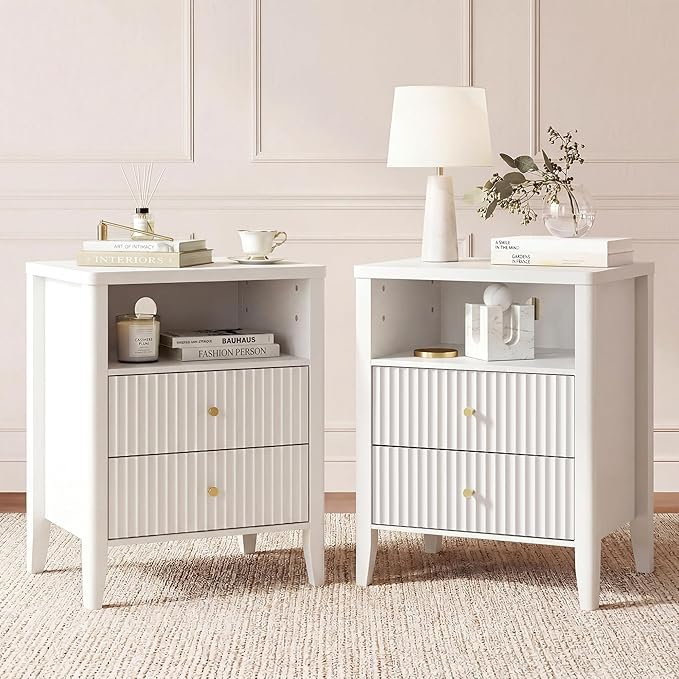 Fluted Nightstand with Charging Station Set of 2, 21" Wide Modern Bedside Table with 2 Drawers & Open Shelf, Wood End Table with Storage & Metal Handle for Bedroom, Small Spaces, Cream White