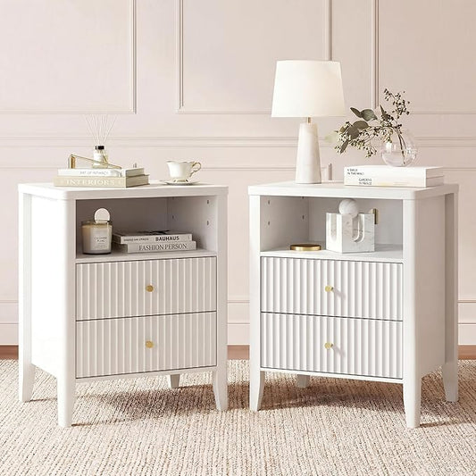 Fluted Nightstand with Charging Station Set of 2, 21" Wide Modern Bedside Table with 2 Drawers & Open Shelf, Wood End Table with Storage & Metal Handle for Bedroom, Small Spaces, Cream White