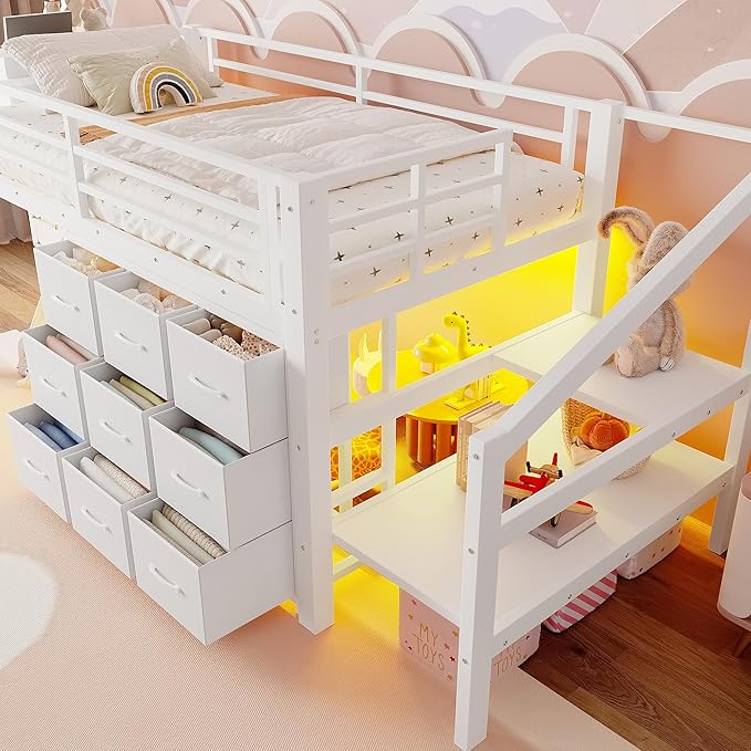 Bellemave Twin Size Loft Bed with 9 Non-Woven Fabric Storage Drawers, Low Loft Bed with Stairs and Lights, Twin Loft Beds with High Rails, Noise Reduced White