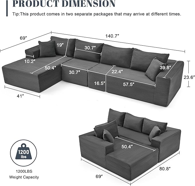 Mangodan 140” Cloud Sectional Couch, Modular Sectional Sofa with Deep Seat, Boneless Sofa for Living Room, Fluffy Comfy L-Shaped Couch with Left Facing Chaise, No Assembly Required, Grey