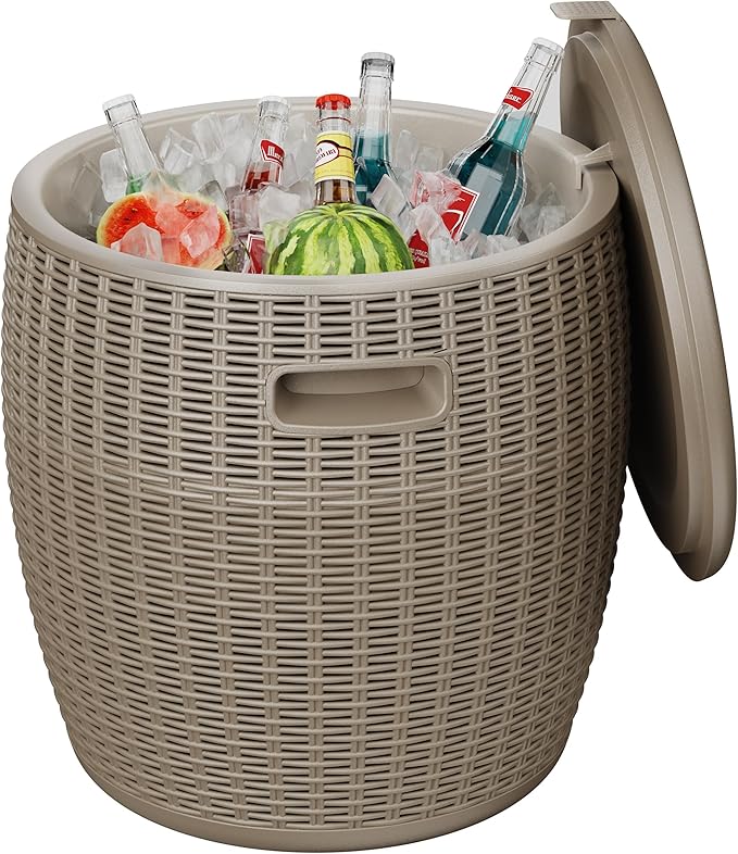 EasyUp 9.5 Gallon Outdoor Cooler Table, Wicker Round Ice Bucket for Parties, Rattan Bar Table with Top Lid Side Handles Drainage Plug, Beer Wine Cooler Side Tables for Patio, Poolside, Deck, Grey