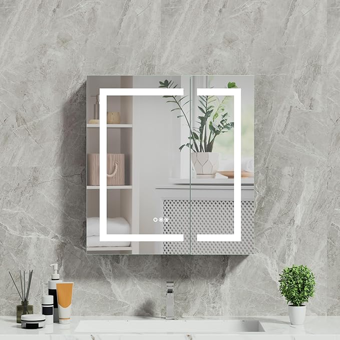 30x32 Bathroom Mirror LED Medicine Cabinet with Light 3 Colors, Recessed Surface Wall Mounted LED Medicine Cabinet, Anti-Fog Tempered LED Mirror with Storage, Stepless Dimming, 2 Outlets