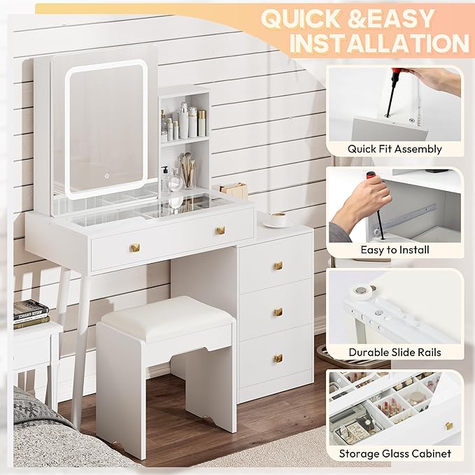 KAMABOKO Vanity Desk with Mirror and Lights, Makeup Vanity Table with Drawers & Shelves, Power Outlet, Dressing Table with Jewelry Storage for Bedroom (055 White)