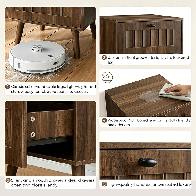 Kiasthome Mid-Century Wood Nightstand with 2 Drawers, Fluted Front Bedside Table, Functional End Table for Bedroom & Living Room (Vintage Walnut (2-Pack))