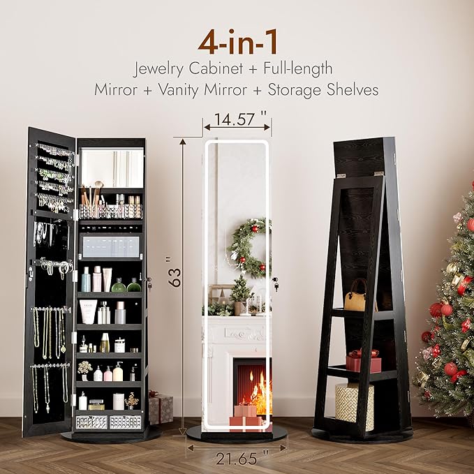 Zamildon's LED Mirror Jewelry Armoire, 360° Swivel Full Length Mirror Cabinet, Freestanding Mirrored Jewelry Organizer with LED Lights and Storage Shelves, Black