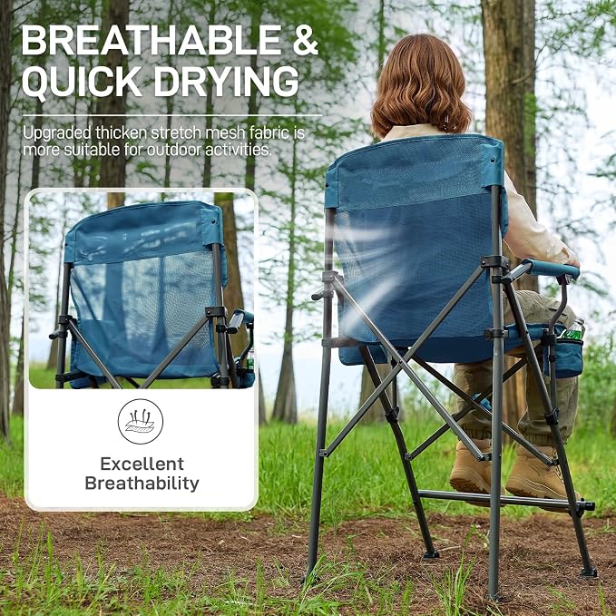 EVER ADVANCED Stretch Mesh Tall Camping Folding Chair 31", Portable Directors Chair, Bar Height Camping Chair with Carry Bag and Footrest, Armrest, Heavy Duty Supports 300 Lbs Blue