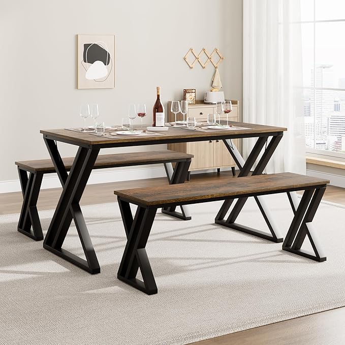 GAOMON Dining Table Bench Set for 4, Kitchen Table Set with 2 Benches, Rectangular Dining Room Table Set with Sturdy Metal Frame, Saving Space for Kitchen, Dining Room, Apartment, Vintage Brown