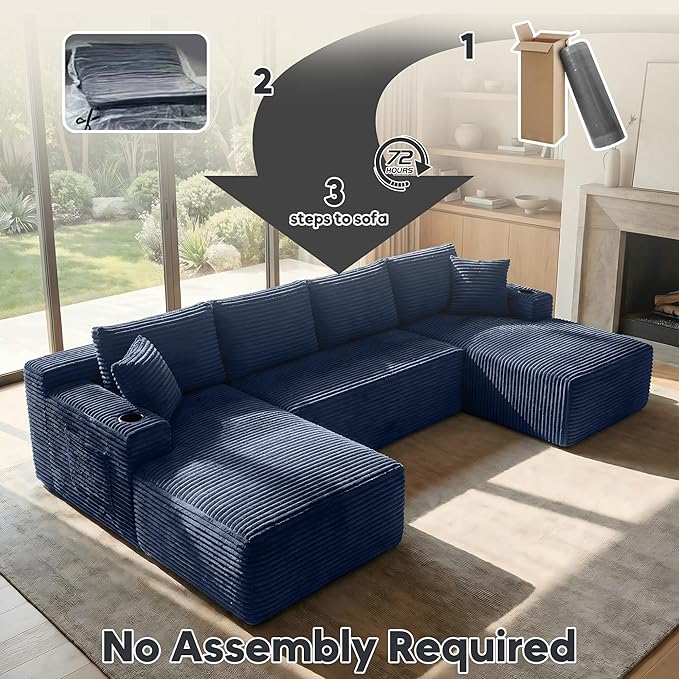 125 Inch Modular Sectional Sofa, Cloud Couch Oversized U Shaped Corduroy Sofa with Storage & Cupholders, Modern Deep Seat Boneless Couches for Living Room, No Assembly Required, Blue