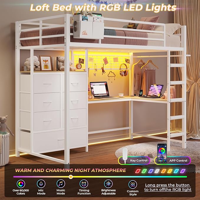 DICTAC Twin Size Loft Bed with L-Shaped Desk and 7 Storage Drawers,Metal Twin Loft Bed for Kids with LED Lights and Charging Station,13.11" H Safety Guardrail and Ladder,No Box Spring Needed, White