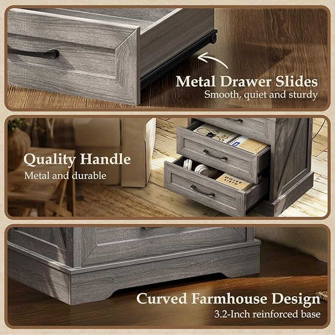 AODK 24 Inch Farmhouse Nightstands with Charging Station, Wood Bedside Tables with Three Drawers, Bed Side Table with Storage, Rustic End Tables with Outlet and USB for Bedroom, Living Room, Oak Grey