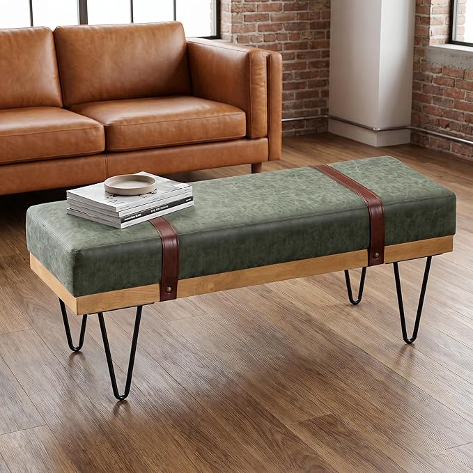 DUOMAY Industrial Modern PU Rectangle Ottoman Bench with PU Strap and Metal Legs, Mid Century Dining Table Bench Footstool Entryway Shoe Bench for Bedroom Dining Room Living Room, Green
