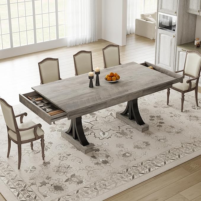 Garvee 71-Inch Dining Table with 2 Drawers,Rectangular Dining Table for 6-8 with Double Pedestal & Sturdy Frame, Industrial Wooden Kitchen Table with Large Tabletop, for Dinner, Rustic Gray