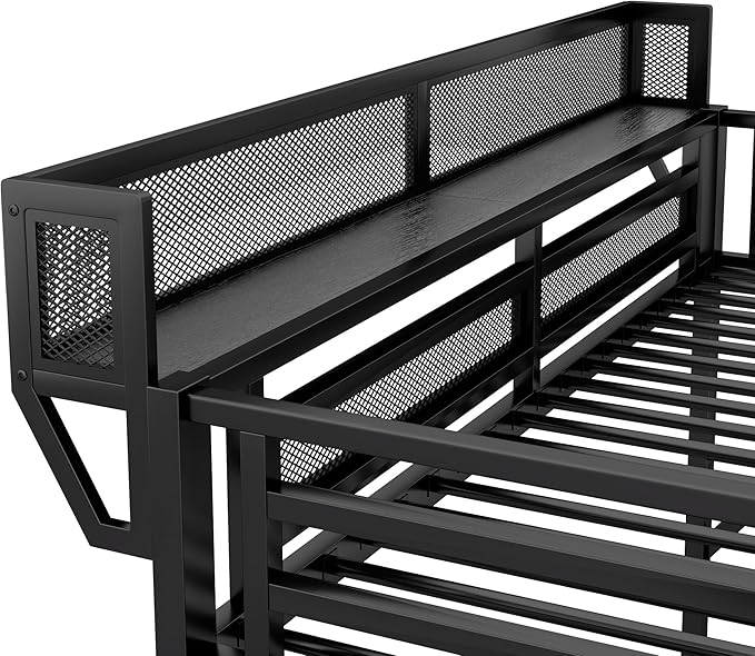 KEIKI Full Size Metal Loft Bed Frame with Convertible Staircase, Built-in Storage Shelves and Wardrobe, Loft Bed with Solid Slats, Guardrail, No Box Spring Required, Easy Assembly, for Bedroom, Black