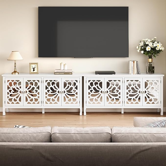 RoyalCraft 63'' Buffet Cabinet with Mirror Butterfly Carved Door, Sideboard Cabinet with Adjustable Shelves, Vintage Accent Credenza Media Console for Entryway, Kitchen, Satin White