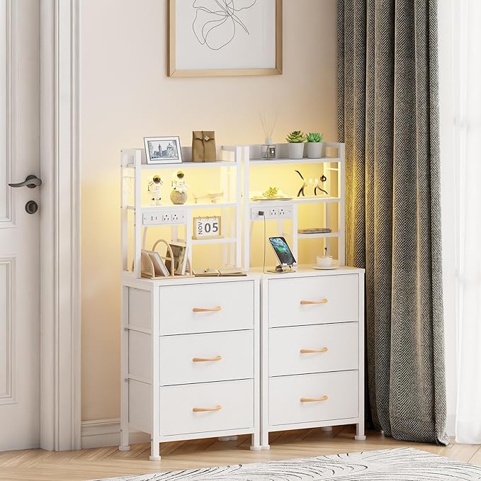 Furnulem Tall Nightstand with LED Lights and 3 Tier Shelves, Night Stand with 3 Fabric Drawers, 45.3inch Tall Bedside Tables with USB Ports and Outlets in Bedroom, Dorm, Office (White)