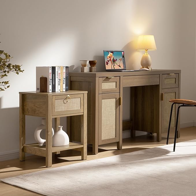 SICOTAS Rattan Nightstand,Rattan Decor Drawer with Brass Knobs Night Stand Bedside Table Boho End Tables Side Tables with Storage Shelf for Bedroom,Small Space