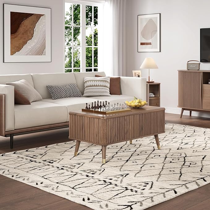JOINICE Lift Top Coffee Table with Storage, Mid Century Modern Fluted Wood Design,Pop-Up Walnut Center Table with Hidden Compartment for Living Room & Home Office Work/Dining