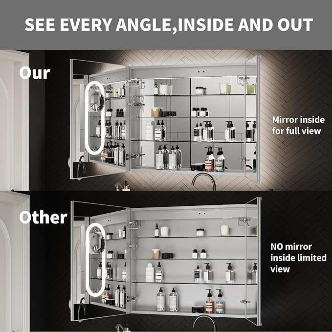 ExBrite 36 x 32 Lighted Medicine Cabinet with Mirror, Front&Backlit led Medicine Cabinet,Defog,5X Magnifier,3 Colors Temper Dimmable,Surface or Recessed Mount,Door Wide Open