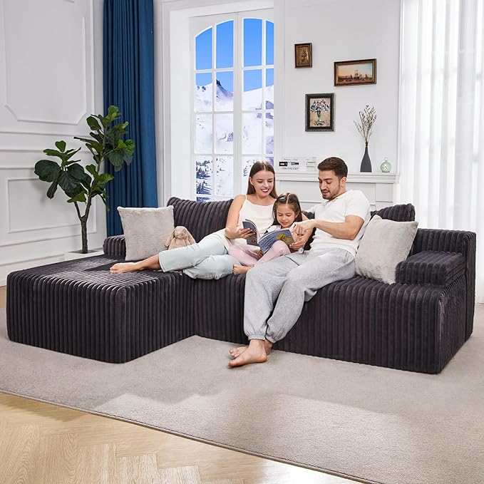 Hobestluk Modular Sectional Sofa Boneless Couch L-Shape Couch 3 Seat Modular Couch Memory Foam Sectional Couches for Living Room Furniture, Cloud Couch with Chaise Lounge (96" Left Facing Chaise)