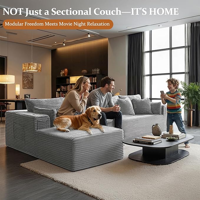 138" Oversized Cloud Sectional Couch, Comfort L Shaped Boneless Couch for Living Room, Extra Deep Seats No Assembly, Minimalist Modular Sofa, Corduroy (Light Grey, 3 Seater+Left Facing Chaise)