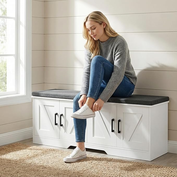 HOMSHO 2-Tier Storage Bench, 47.2" Wide Shoe Bench with Padded Seat Cushion, Entryway Bench with 4 Barn Doors and Adjustable Shelf, White