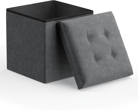 Magshion Folding Storage Ottoman Cube, 15 Inches Small Foot Rest Stool, Square Ottoman with Storage for Bedroom, Living Room, Dorm, Dark Gray