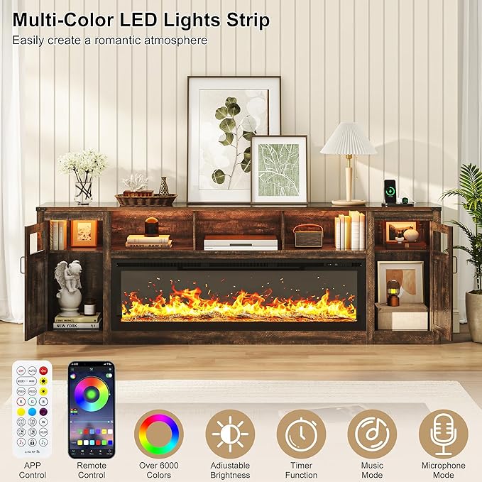 Fireplace TV Stand for 100 Inch TV, 95" Farmhouse Entertainment Center with 60" Electric Fireplace & LED Lights, Large Media Console for Living Room, Rustic Barn Doors, Power Outlets, Rustic Brown