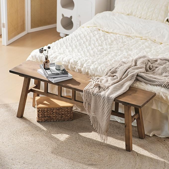 Wnutrees 51.2" Solid Wood Bench, Farmhouse Rustic Entryway Bench Seat for Dining Room, Hallway, End of Bed, Handcrafted Finish, Natural