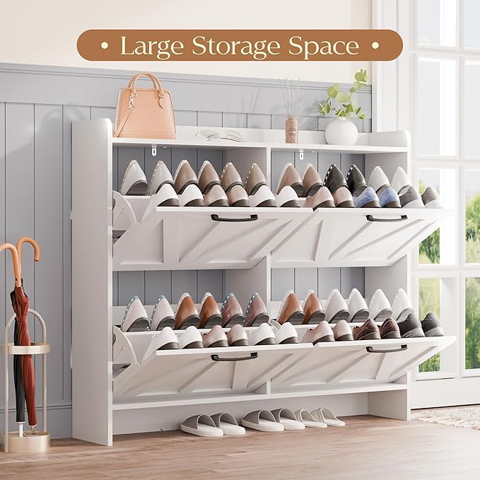 MU Shoe Storage Cabinet with 4 Flip Drawers, Freestanding Shoe Cabinet, Slim Shoe Organizer with Wood Legs for Entryway, White